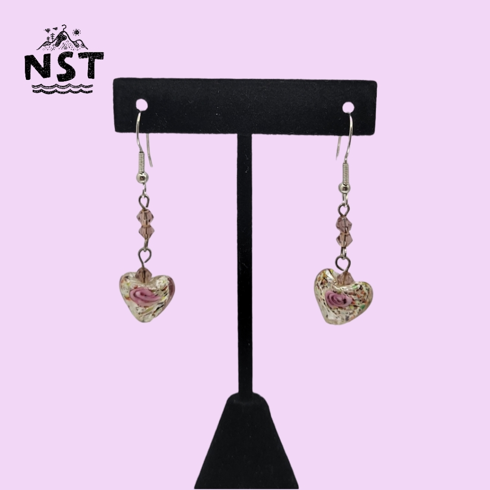 Vintage Heart Rose Floral Pink Beaded Earrings